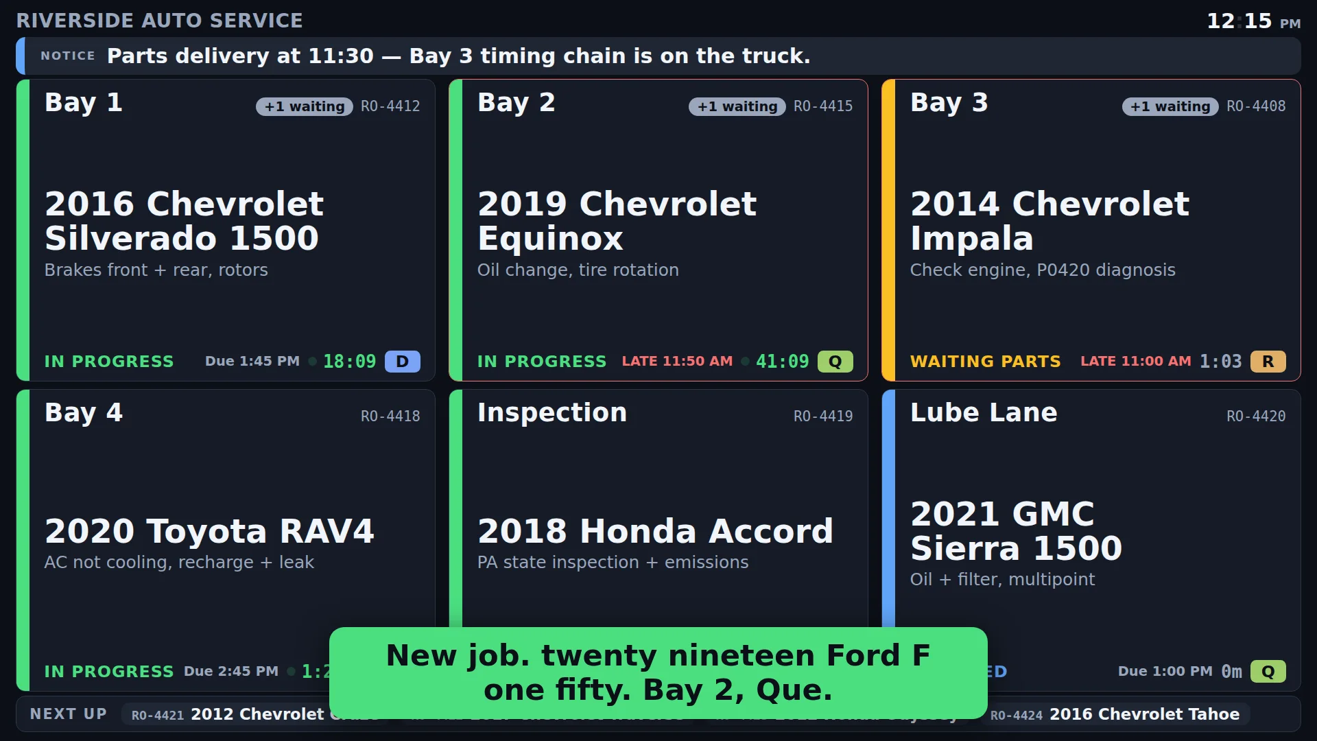 ButterBoard wall board on a shop TV: one tile per bay, live timers, and a spoken new-job announcement captioned on screen